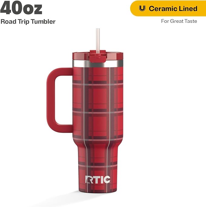 RTIC 40 oz Road Trip Tumbler Double-Walled Cermaic Lined Insulated Stainless Steel Portable Travel Coffee Mug Cup with Lid, Handle and Straw, Red Plaid