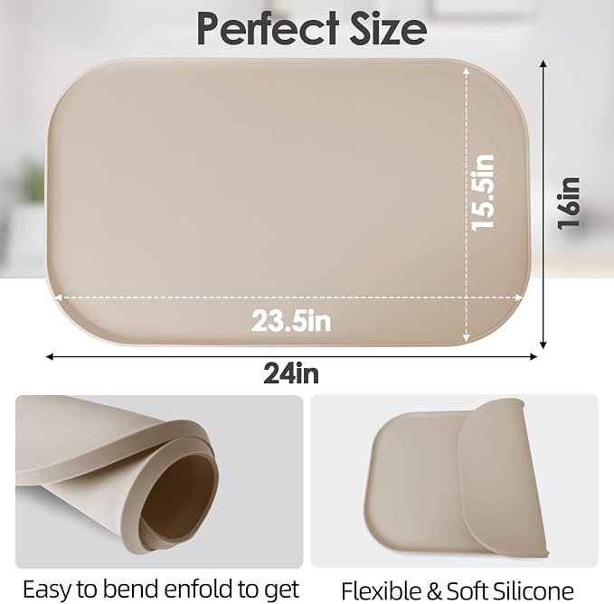 Silicone Coffee Maker Mat with Lip for Countertops, 24'' x 16'', Khaki | Multi leak-proof coffee tray for countertop, non-slip silicone mat fits most coffee makers & espresso machines, wipe-clean