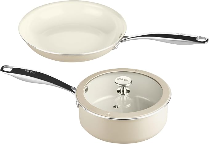 Pyrex 3-Piece Ceramic Cookware Fry Pan & Saucepan Set with Lid & Handles | Healthy nonstick ceramic coating, induction compatible stainless steel, PFAS Lead Cadmium BPA Free