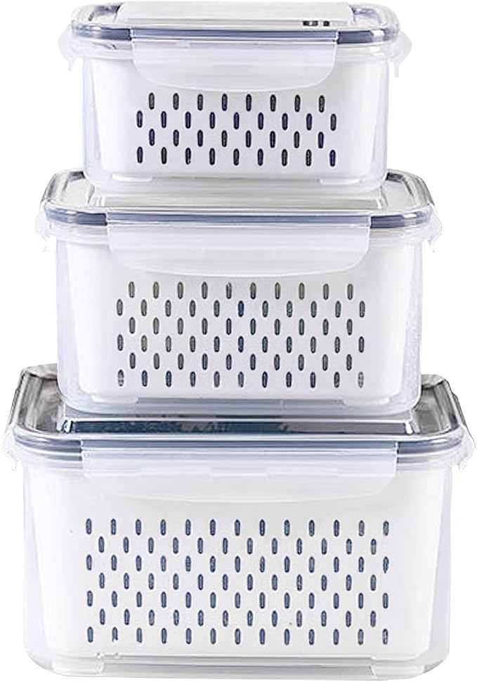 3Pack Fridge Food Storage Container Set with Lids with Strainer,Plastic Fresh Produce Saver Vegetable Fruit Meat Storage Organization, BPA-Free Plastic Produce Keepers(3.15L+1.7L+0.8L)