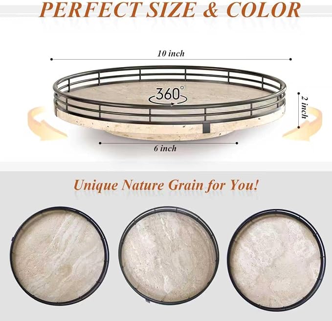 AMH 10-Inch Italian Travertine Lazy Susan with Black Metal Frame | Smooth rotating oak tray with walnut finish for dining tables, kitchen counters, pantries and cabinet storage.