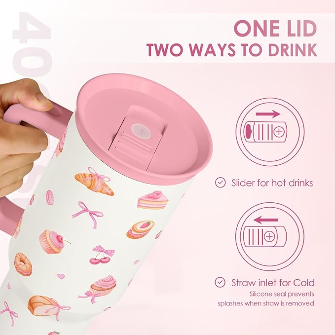 SANDJEST Dessert 40oz Tumbler with Handle and Straw, Insulated Stainless Steel Travel Coffee Mug for Women Girls, Gift Idea for Birthday Christmas Mothers Day