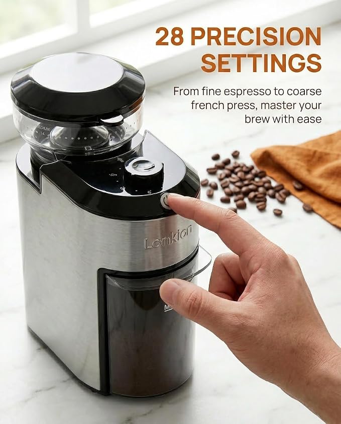 Lonkion Coffee Grinder - Electric Burr Coffee Grinder with 28 Adjustable Settings for Espresso, Drip, French Press - Stainless Steel Coffee Bean Grinder with Anti-Static, 2-12 Cup for Home Use, Black