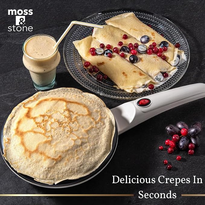 Moss & Stone White Electric Crepe Maker, 8" Portable Nonstick Crepe Pan | Nonstick dipping plate, auto shut-off, on/off switch, even heating, automatic temperature control, compact design