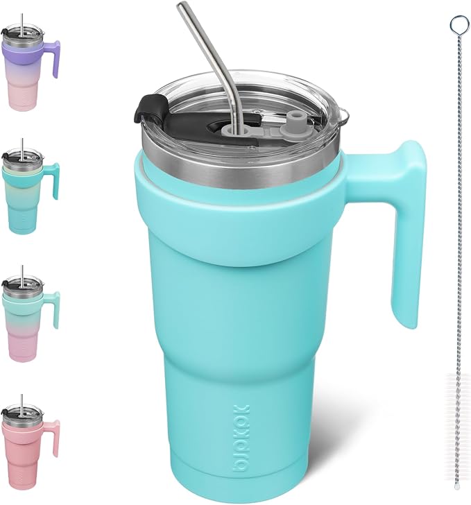BJPKPK 20 oz Tumbler with Handle & Straw, Insulated Stainless Steel Mug | Double Wall Vacuum, Keeps Hot/Cold, Thermal Cup, BPA Free, Dishwasher Safe, Cupholder Fit, Coffee & Travel, Turquoise