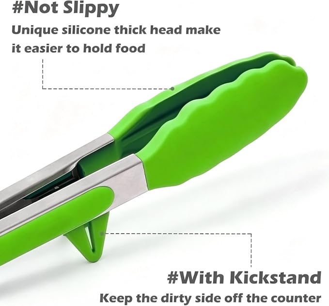 9" Kitchen Tongs for cooking with Silicone Tips, Salad Tongs, Light Green | 3 Pcs Small Silicone Tongs mit Kickstand, Food Grade, 3 different type of tongs, Stainless Steel