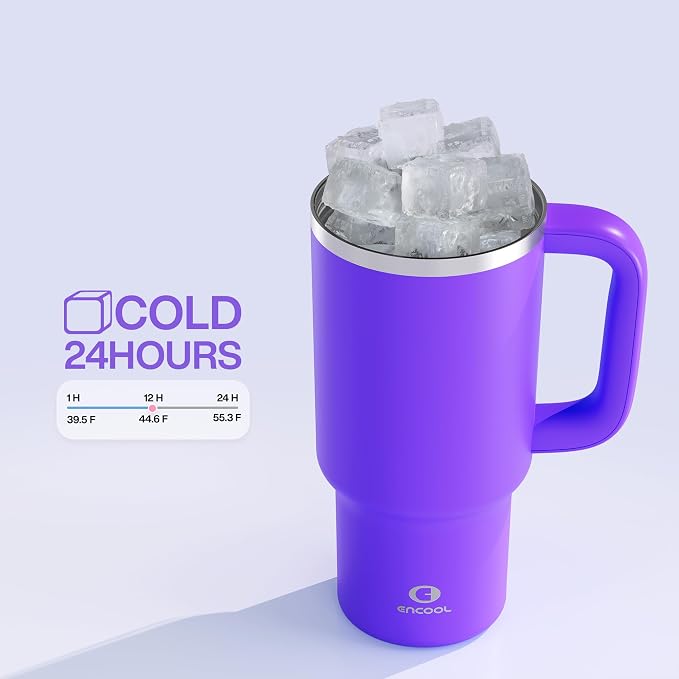 32 oz Tumbler with Handle and Straw: Stainless Steel Insulated Tumbler Keeps Cold for 24 Hours, Leakproof Travel Cup Fits in Cup Holder and BPA-Free,Violet