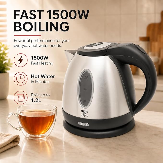 Moss & Stone Stainless Steel Electric Kettle, 1.2L Cordless 1500W | Small, portable hot water tea kettle, fast boiling pot, boil-dry protection, auto shut-off, blue Illuminate LED light
