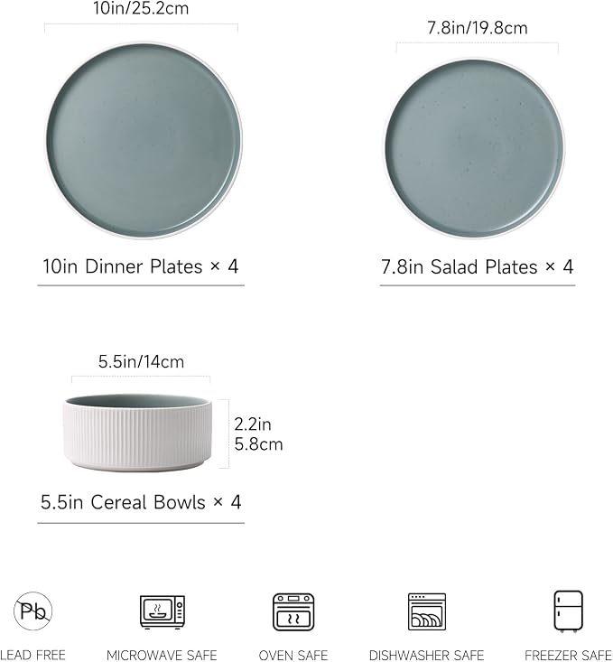 12PCS Ceramic Dinnerware Set for 4,Stoneware Plates and Bowls Sets | Reactive Glaze Dish Set,Scratch Resistant Tableware Set,Reactive Glaze,Microwave & Dishwasher Safe,White Cyan
