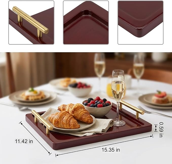 PEKER Wooden Serving Tray with Metal Handles, Black Decorative Coffee Table Tray for Breakfast in Bed, Ottoman & Home Décor, Wooden Food Tray for Kitchen