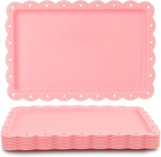 Food Tray, 12 Pack Serving Tray Serving Platter Fruit Dessert Plates, Plastic Serving Trays Rectangle Dessert Trays for Party, Wedding, Restaurant, 14.4" X 9.3" (Pink)