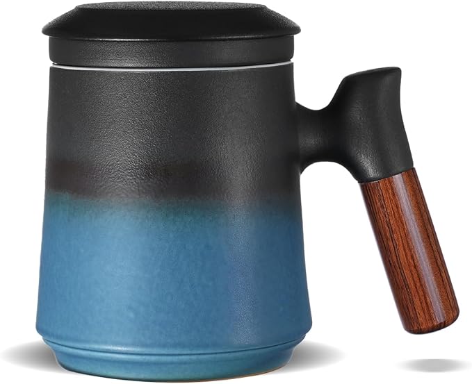 ZENS Tea Cup with Infuser and Lid for Loose Leaf Tea Steeper, 13.5oz Blue | Embossed Ceramic Tea Infuser Mug with Fine Strainer for Herbal Tea Lovers Gifts, Nature Wood Handle
