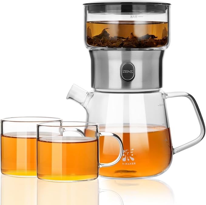 ZENS Modern Glass Infuser Pot Set with 2 Cups, One Touch Loose Tea Maker | Magic Tea Pot, Mess free Tea Steeper with 13.5oz Glass Teapot, TeaDiffusers for Herbal Tea Lovers, Black