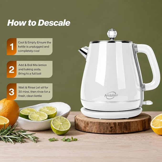 Electric Kettle 1.8L, Pearl White | Retro, 1350W Fast Boil, Stainless Steel Interior, BPA Free, Automatic Shut Off