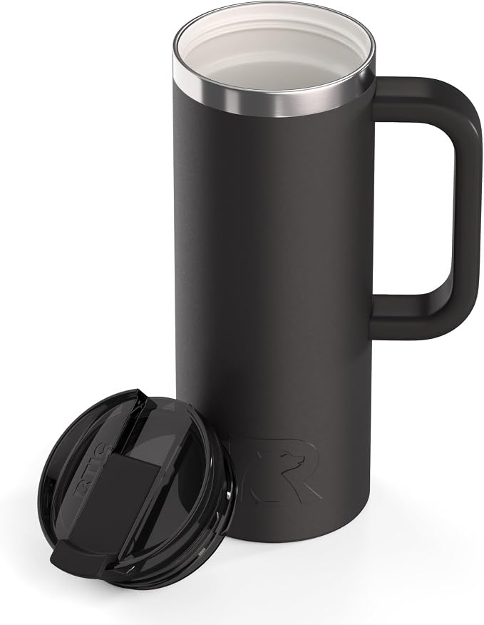 RTIC 20oz Road Trip Travel Mug with Lid and Handle, Ceramic Lined, Insulated, Stainless Steel, Metal, Double Wall Vacuum-Insulation, Portable Coffee, Tea Cup for Hot and Cold Drink, Midnight