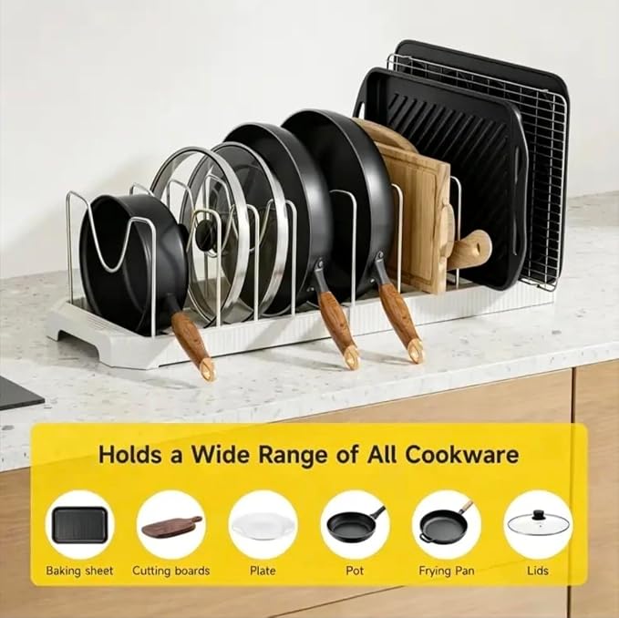MUDEELA Pots and Pans Organizer under Cabinet, Pan Pot Organizer Inside Cabinet, Expandable 12.9''-21.88'' Pot Lid Organizer Holder with 10 Adjustable Dividers for Cutting Boards, Pan Lid Rack, White