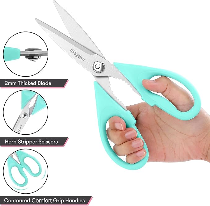 iBayam Cute Kitchen Scissors All Purpose Heavy Duty Meat Poultry Shears | Pastel Pink, Mint Blue, Built-In Bottle Opener, Protective Sheath, Dishwasher Safe, Stainless Steel, Comfort Grip, Left/Right