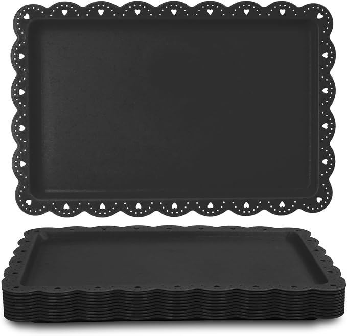 Food Tray, 12 Pack Serving Tray Serving Platter Fruit Dessert Plates, Plastic Serving Trays Rectangle Dessert Trays for Party, Wedding, Restaurant, 14.4" X 9.3" (Black)