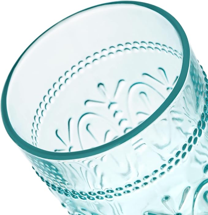 Colored Vintage Drinking Glasses Set of 4, 15.5 oz Romantic Embossed Water Glasses, Colored Tumblers Tempered Glass for Juice, Beverages, Beer, Cocktail