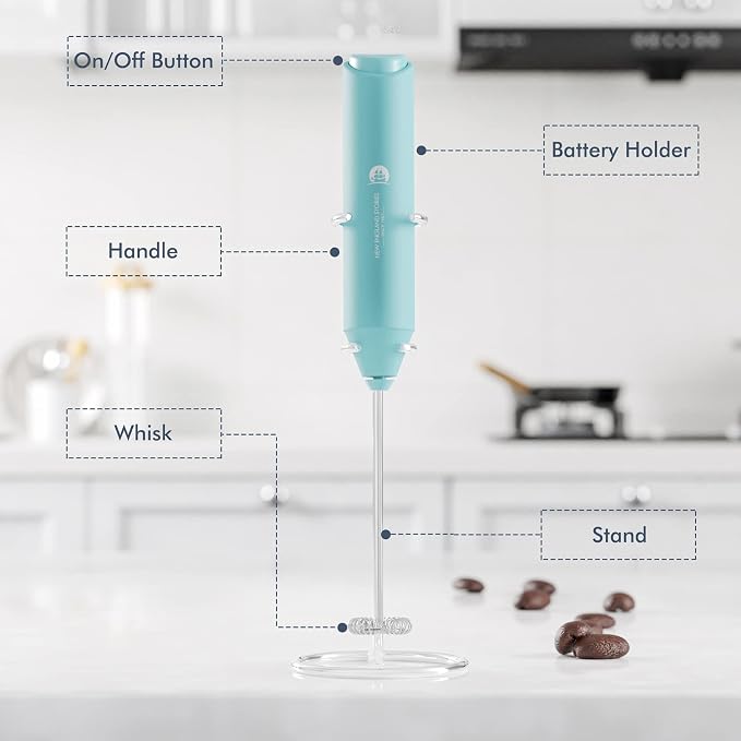 Powerful Milk Frother Handheld Foam Maker, Mini Whisk Drink Mixer for Coffee, Cappuccino, Latte, Matcha, Hot Chocolate, With Stand, Aqua