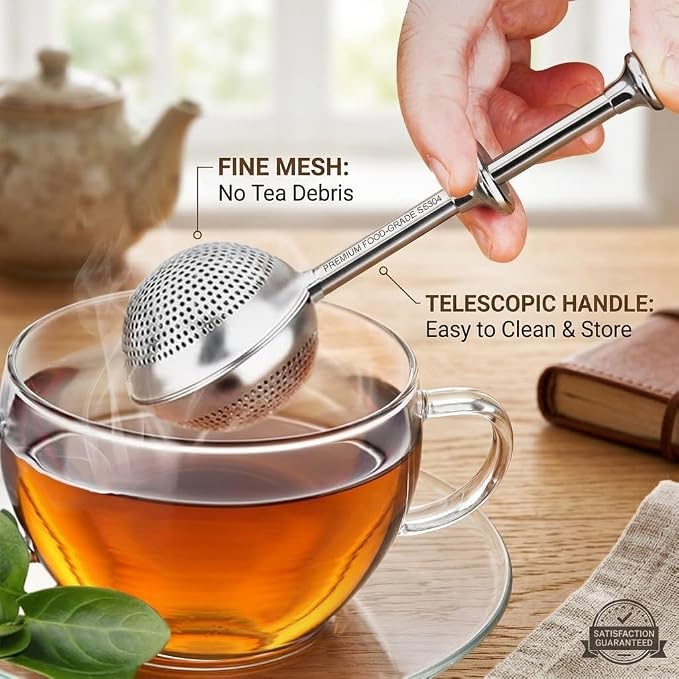 2-Pack Long-Handled Tea Strainer for Loose Tea, Extra Fine Mesh Stainless Steel Tea Infuser, Push-Style Loose Leaf Tea Steeper, Easy Clean Loose Tea Filter