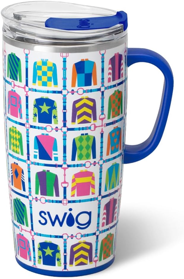 Swig Life 22oz Insulated Travel Mug with Handle & Lid, Jockey Club | Triple Insulated Stainless Steel - Handle & Lid Included - Keeps Coffee Hot or Cold - Cup Holder Friendly