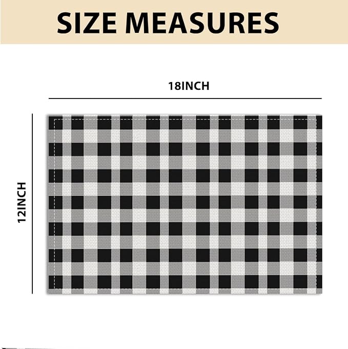 Black and White Placemats Set of 4, Buffalo Plaid Linen Placemats | Washable Heat Resistant Wipeable Table Mats for Outdoor Home Party Kitchen Dining Table, Black and White Linen Place mats