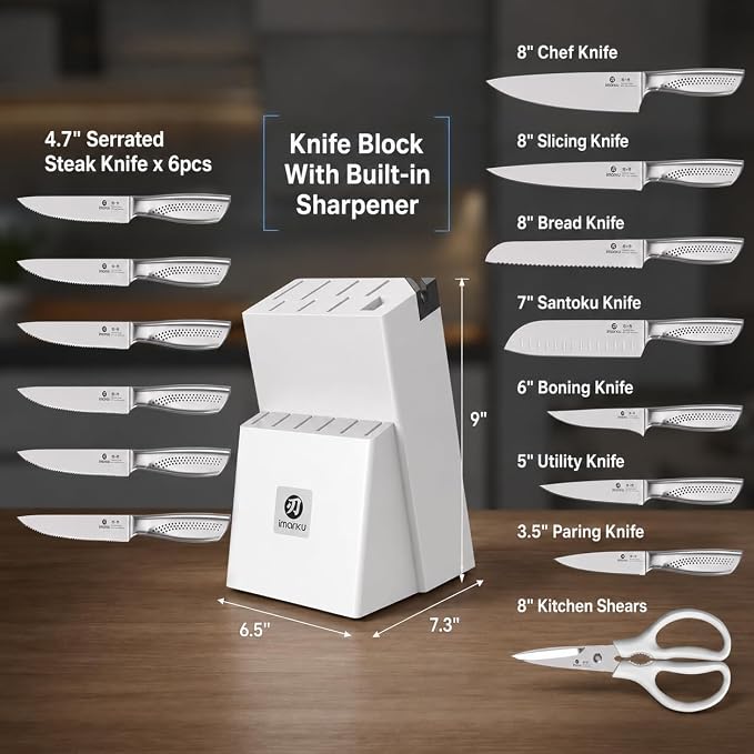 imarku 15PCS Knife Set, High Carbon Stainless Steel Blades with Sharpener | Rust-Resistant Design, Long-Lasting Sharpness, Comfortable Grip, Easy Cleaning, Durable Daily Performance, Organized Storage