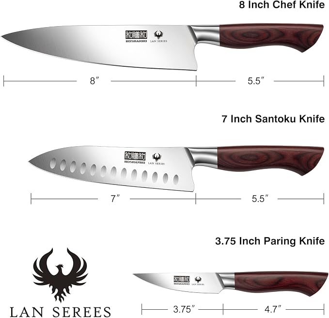 HOSHANHO 3PCS Kitchen Knife Set, Ultra Sharp Chef/Santoku/Paring Knives | Professional Japanese High Carbon Steel Cooking Knife Set with Ergonomic Wood Handle, Ideal Gift for Family and Restaurant