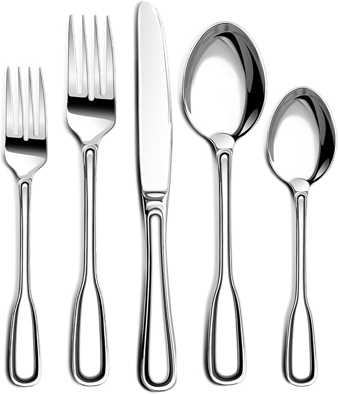 Silverware Set for 12, 60 Piece Boston Style Stainless Steel Flatware Set | Mirror Polished Utensils Spoons and Forks Set for Kitchen，Dishwasher Safe