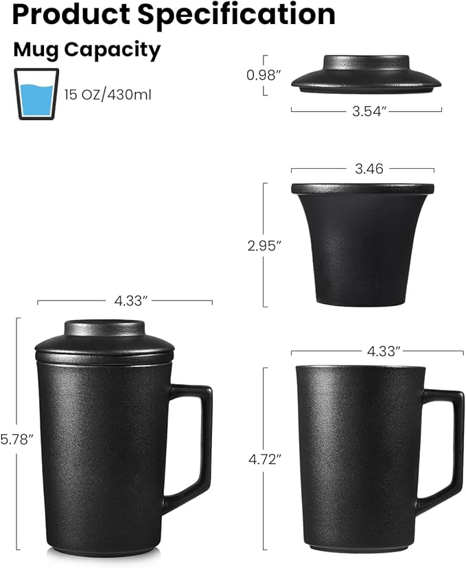 15 oz Ceramic Tea Infuser Cup with Lid - Tea Mug with All Porcelain Strainer for Loose Leaf Teas,Microwave and Dishwasher Safe,Metal-Free,BPA-Free for Tea Lovers/Birthday (Black)