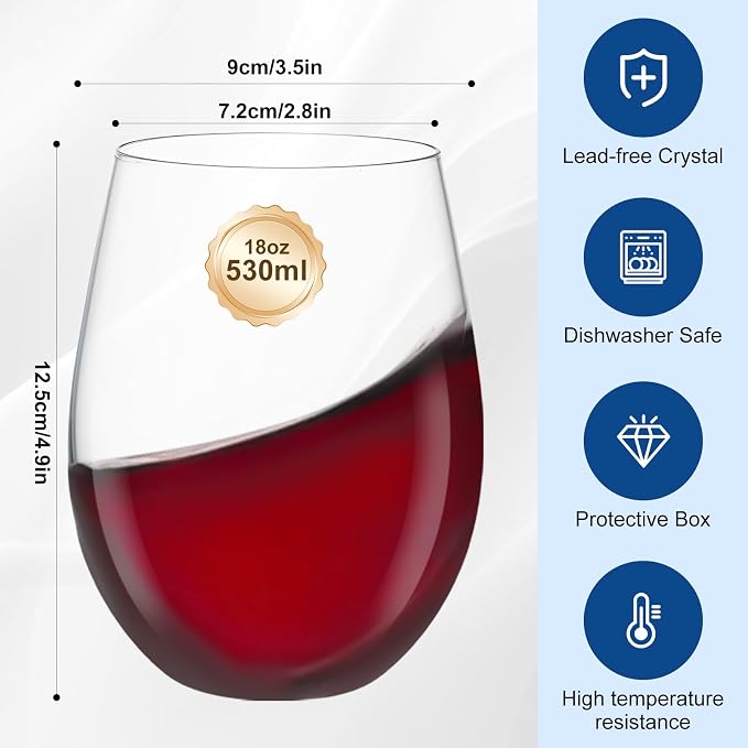 Stemless Wine Glasses, Hand Blown Drinking Glasses Set of 6 18oz, Crystal Wine Glass, Clear Red White Wine Glasses, Gift for Woman, Christmas, Anniversary, Birthday, Housewarming