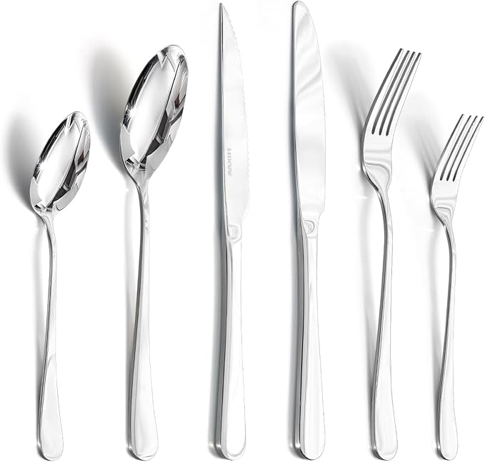 HIKAA Silverware Set with Steak Knives for 6, 36 Piece Heavy Duty 18/10 Stainless Steel Flatware Set, Mirror Polished Cutlery, Dishwasher Safe for Home Kitchen, Wedding, Housewarming Gift