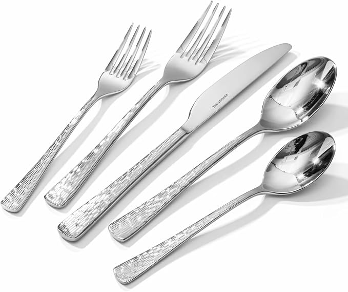 Silverware Set with Serving Utensils, 65 Piece Flatware Set, 18/10 Steel | Hammered Ripple Handles, Serving Utensils, 18/10 Steel, Dishwasher Safe, Rust Resistant, Gift Box, for Weddings & Parties