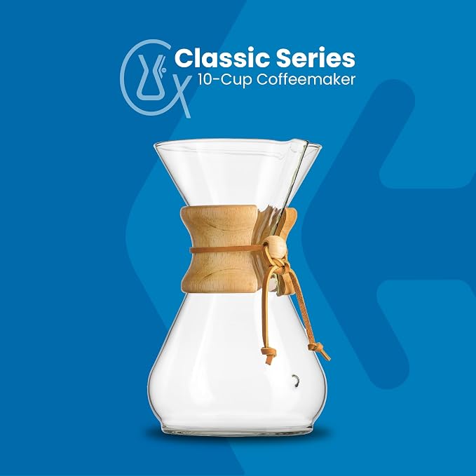 Chemex 10 Cup Pour Over Coffee Brewer Set, Glass Carafe, 200 Filters, 50oz | Large Manual Drip Brewer with 200 Square Bonded Filters, Borosilicate Glass, Coffee Gift Set