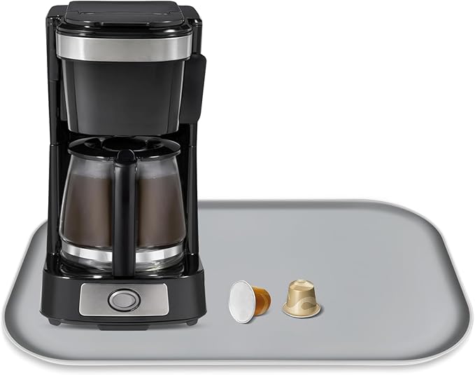 Silicone Coffee Maker Mat with Lip for Countertops, 17.4'' x 10.6'', Grey | Multi leak-proof coffee tray for countertop, non-slip silicone mat fits most coffee makers & espresso machines, wipe-clean