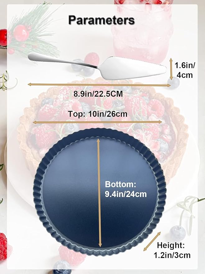 10 Inch Round Quiche Pans with Pie Server. Removable Bottom, Non-Stick Coating, Rugged Carbon Steel for Tart Quiche Pie Cake Baking. Gift for Women Wife Christmas Thanksgiving Party Festival