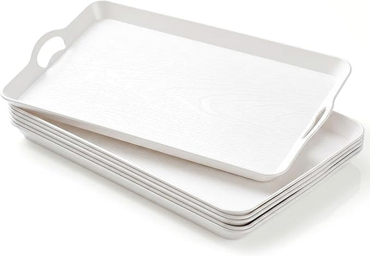 Kathfly 6 Pack 20" x 13" Serving Trays with Handles, Plastic Tray, White | PP Material, Anti-skid Texture, Decorative Food Tray, for Restaurant, Hotel, Kitchen, Party; Not Microwave/dishwasher Safe