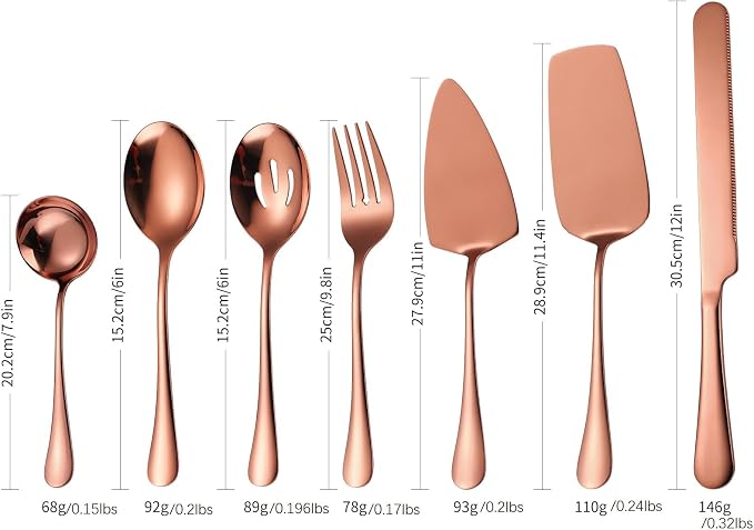 Copper Utensils Serving Set Rose Gold Stainless Steel Flatware Cake Knife Sever Fork Large Spoon Spatula Catering Silverware Complete 7 Pieces for Home Party Buffet