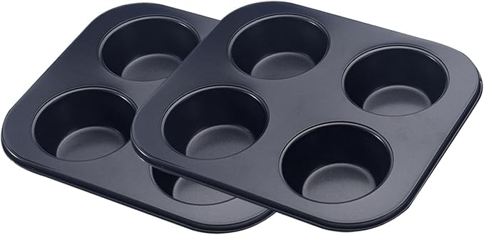 2pcs 4-Hole Muffin Pan, Bakeware Non-stick Cupcake Baking Pan Mini Pie Pans, Heavy Duty Carbon Steel Muffin Tray Standard Baking Mold Pan for Oven Bakings (Black)