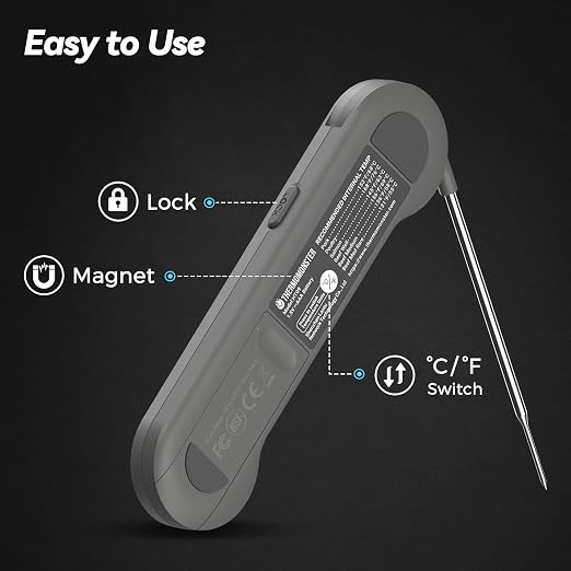 0.5 Sec Instant Read Meat Thermometer Digital with ±0.5℉ Precision, Grey | Food Thermometer for Cooking Kitchen Gadgets, Oven Grill Candy BBQ Essentials Accessories, Gifts for Him Dad Men Birthday