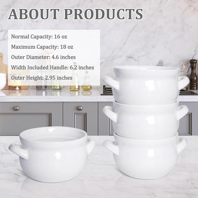 Vumdua Soup Bowls with Handles, 16 Oz Ceramic French Onion Soup Bowls - Stackable Oven Safe Bowls Serving Crocks for Soup, Cereal, Chilli, Pot Pies, Set of 4, White