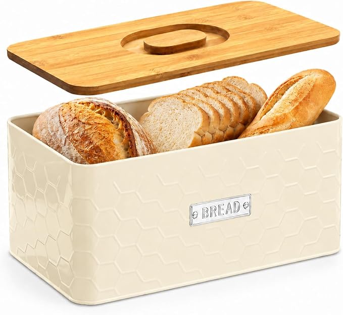 Bread Box for Countertop, Small Cream White Metal Bin, Bamboo Lid | Small farmhouse bread storage container and bread bin with cutting board lid for homemade bread and baked goods organization.