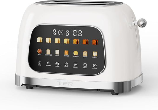 Toaster 2 Slice, Touch Screen Wide Slot Retro Toaster for Bagel & Thick Breads, Stainless Steel Smart Digital Toasters, 7 Bread Modes & 7 Browning Levels, Mute Mode, Memory, Defrost & Reheat, White