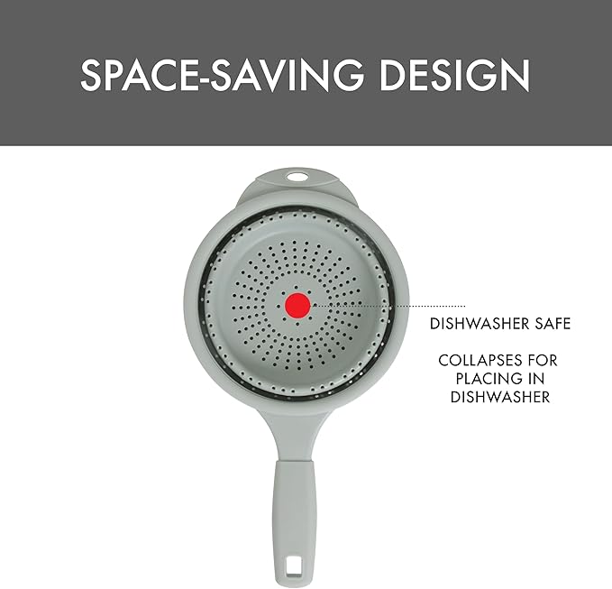 Dexas 8" Collapsible Silicone Strainer in Sage, Kitchen Strainer with Handles, 7.2 Cup Capacity | BPA-Free, Heat-Resistant, Space-Saving Kitchen Tool