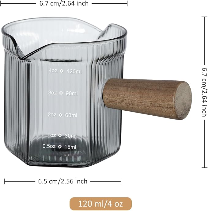 Joeyan 4 oz Grey Double Spouts Measuring Triple Pitcher Milk Cup with Wood Handle,Ribbed High Borosilicate Glass Measuring Cup, Espresso Shot Glasses