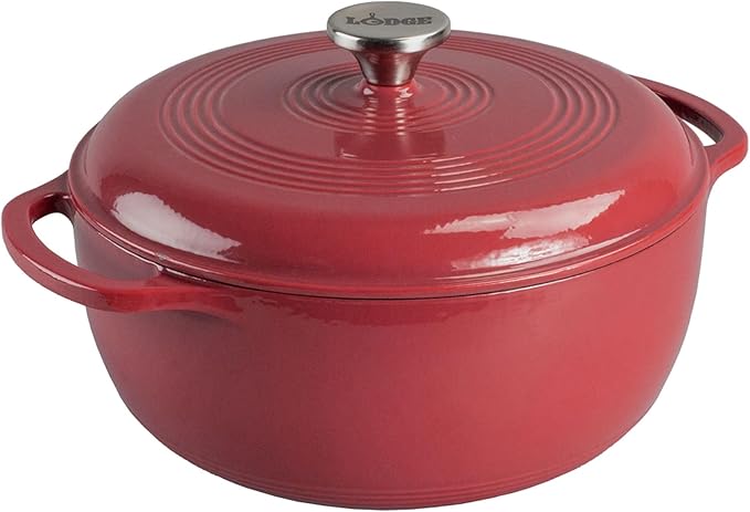 Lodge Essential Enamel Cast Iron Dutch Oven 6 Quarts - Perfect for Bread Baking, Braising, Marinating & Slow Cooking, Features Moisture-Sealing Lid & Dual Handles, Kitchen Essentials, Cranberry