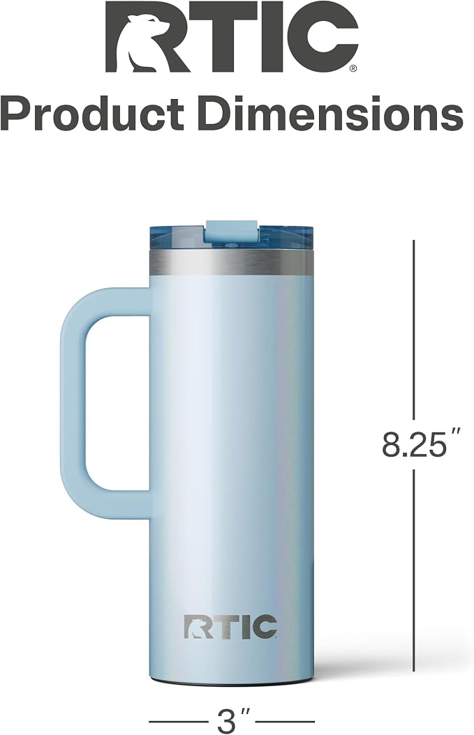 RTIC 20oz Road Trip Travel Mug with Lid and Handle, Ceramic Lined, Insulated, Stainless Steel, Metal, Double Wall Vacuum-Insulation, Portable Coffee, Tea Cup for Hot and Cold Drink, RTIC Ice Glitter