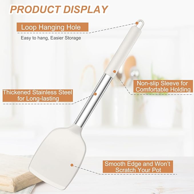 TeamFar Kitchen Utensils, 4 PCS Silicone Cooking Utensils Spatula Spoon Set | with Stainless Steel Handle, for Frying Mixing Draining Turning, Healthy & Heat-proof, Non-stick & Dishwasher Safe - White