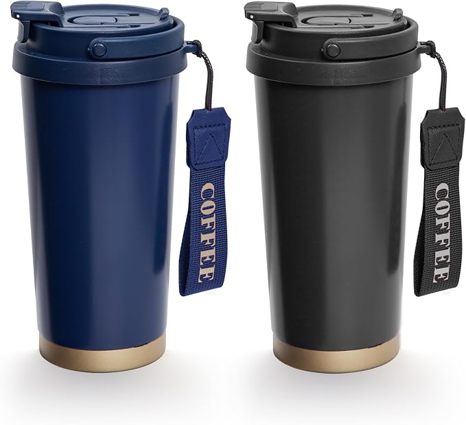 2 Pack 17oz Insulated Coffee Mug, Leakproof Travel Coffee Tumblers With Strap, Vacuum-Insulated Stainless Steel Reusable Coffee Cup for Hot & Cold Drinks